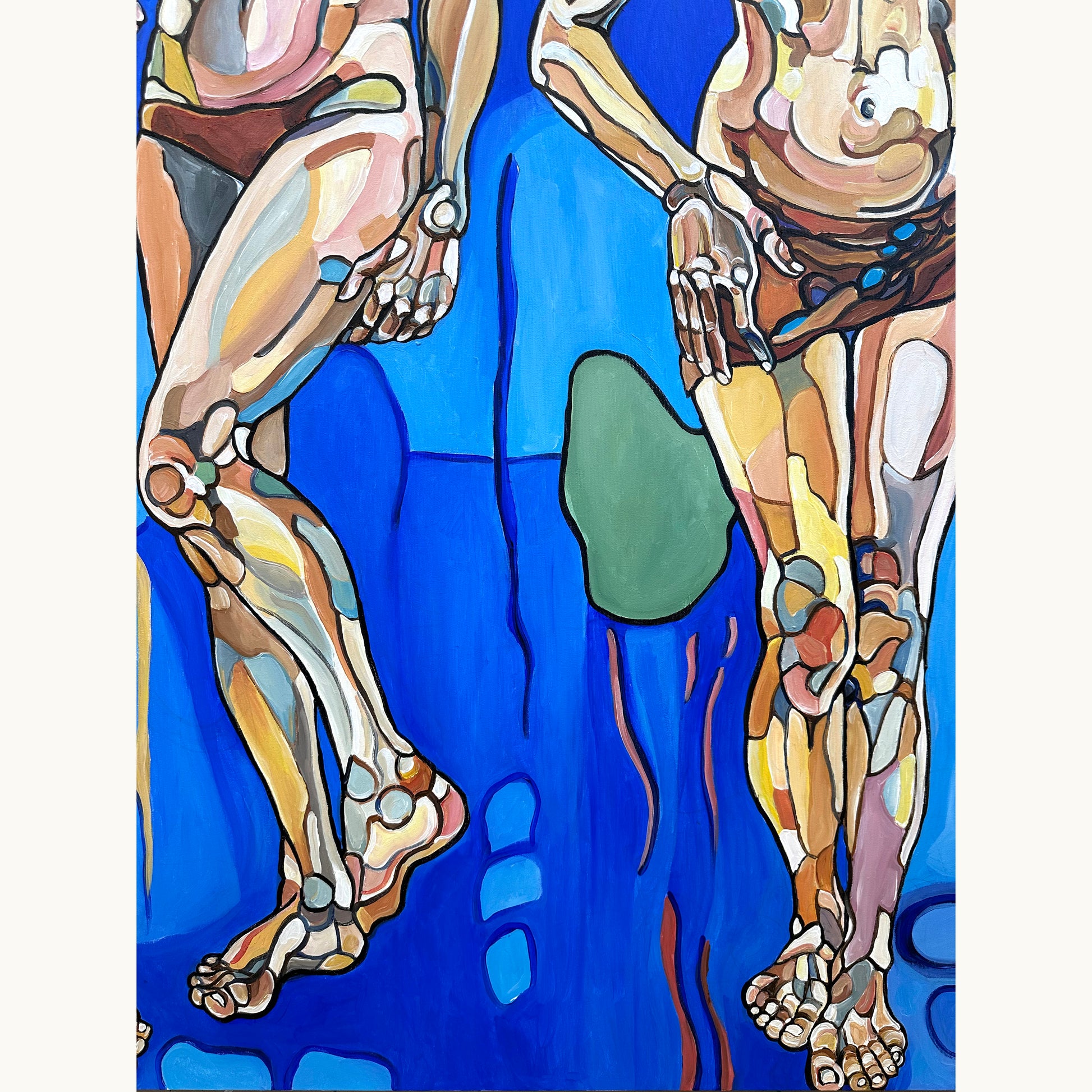 Original contemporary painting by Noemi Safir showing a trio of women in an emotional blue space of freedom, uplift, and connection
