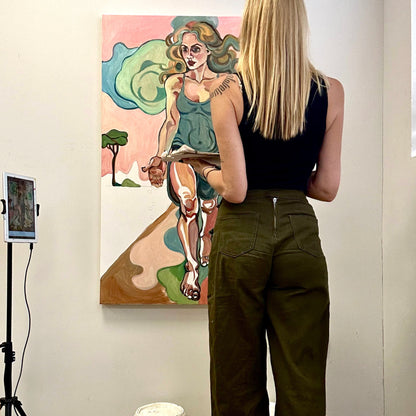 Original contemporary painting by Noemi Safir showing a symbolic female figure walking through an emotional landscape of color and movement