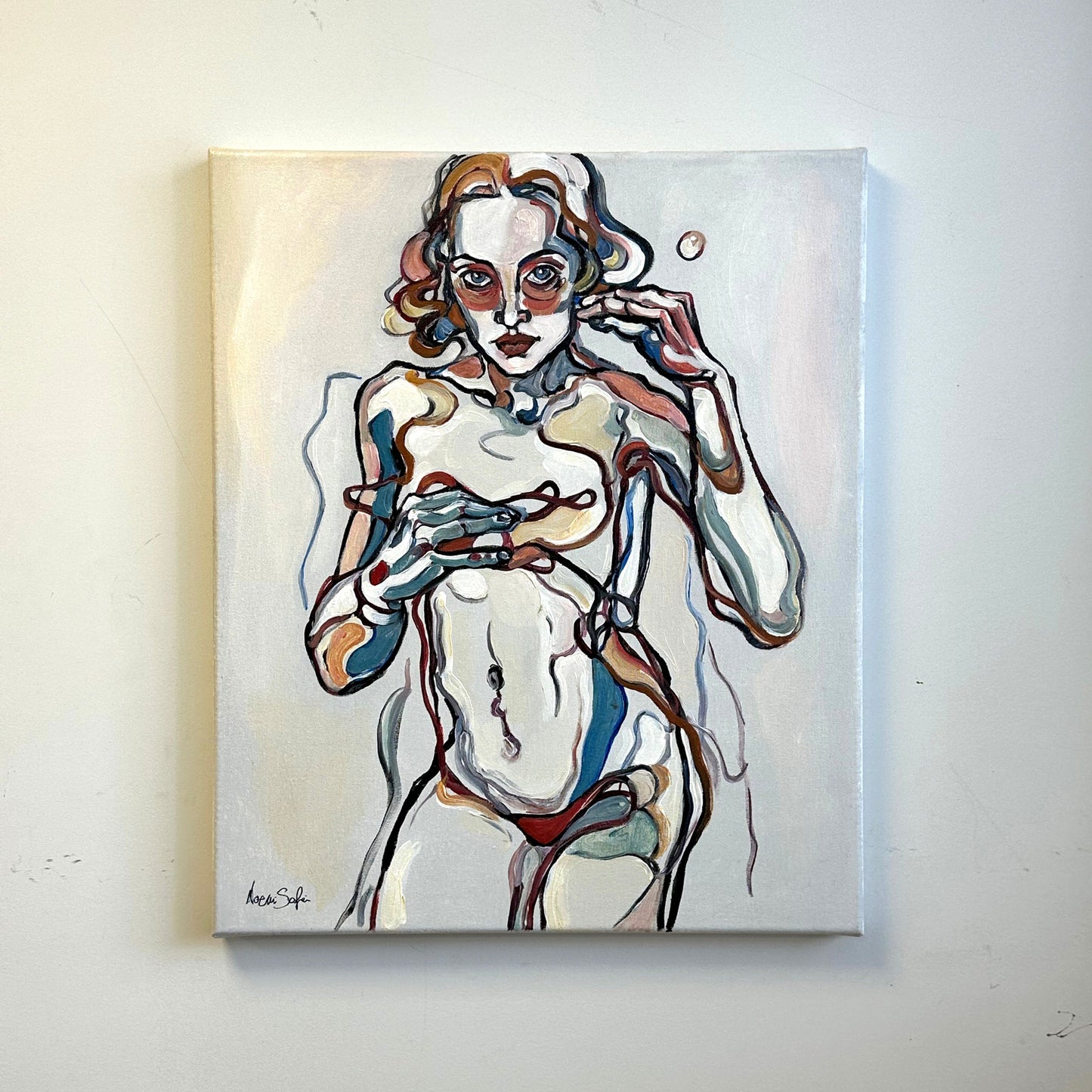 Contemporary figurative painting by Noemi Safir featuring a seated woman, exposed body, and loose thread like lines across the composition