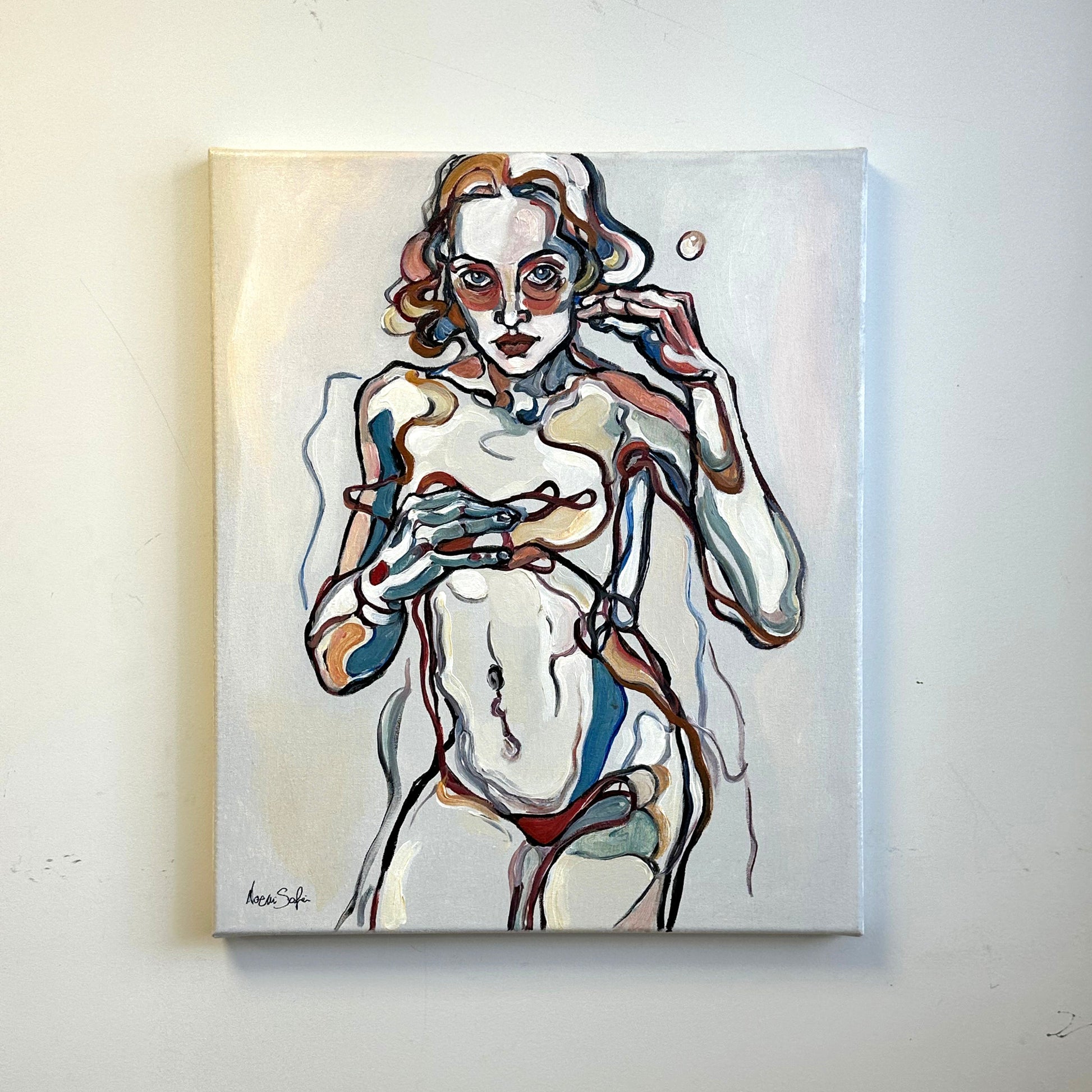 Contemporary figurative painting by Noemi Safir featuring a seated woman, exposed body, and loose thread like lines across the composition