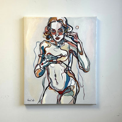 Contemporary figurative painting by Noemi Safir featuring a seated woman, exposed body, and loose thread like lines across the composition