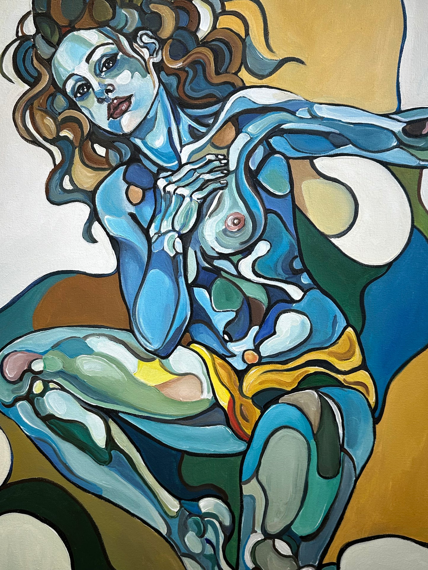 Noemi Safir contemporary figurative painting This Wild Dance Never Ends, showing two elongated female figures in blue and green tones moving through a surreal rhythm of closeness.