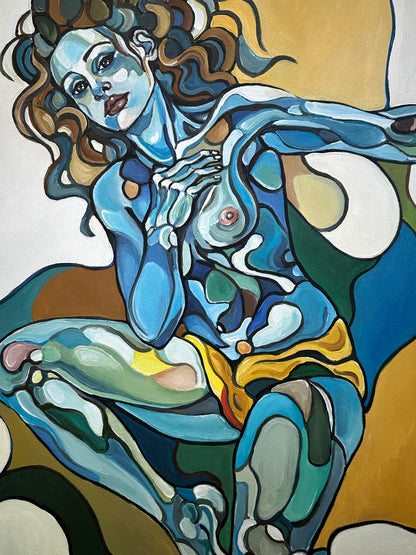 Noemi Safir contemporary figurative painting This Wild Dance Never Ends, showing two elongated female figures in blue and green tones moving through a surreal rhythm of closeness.
