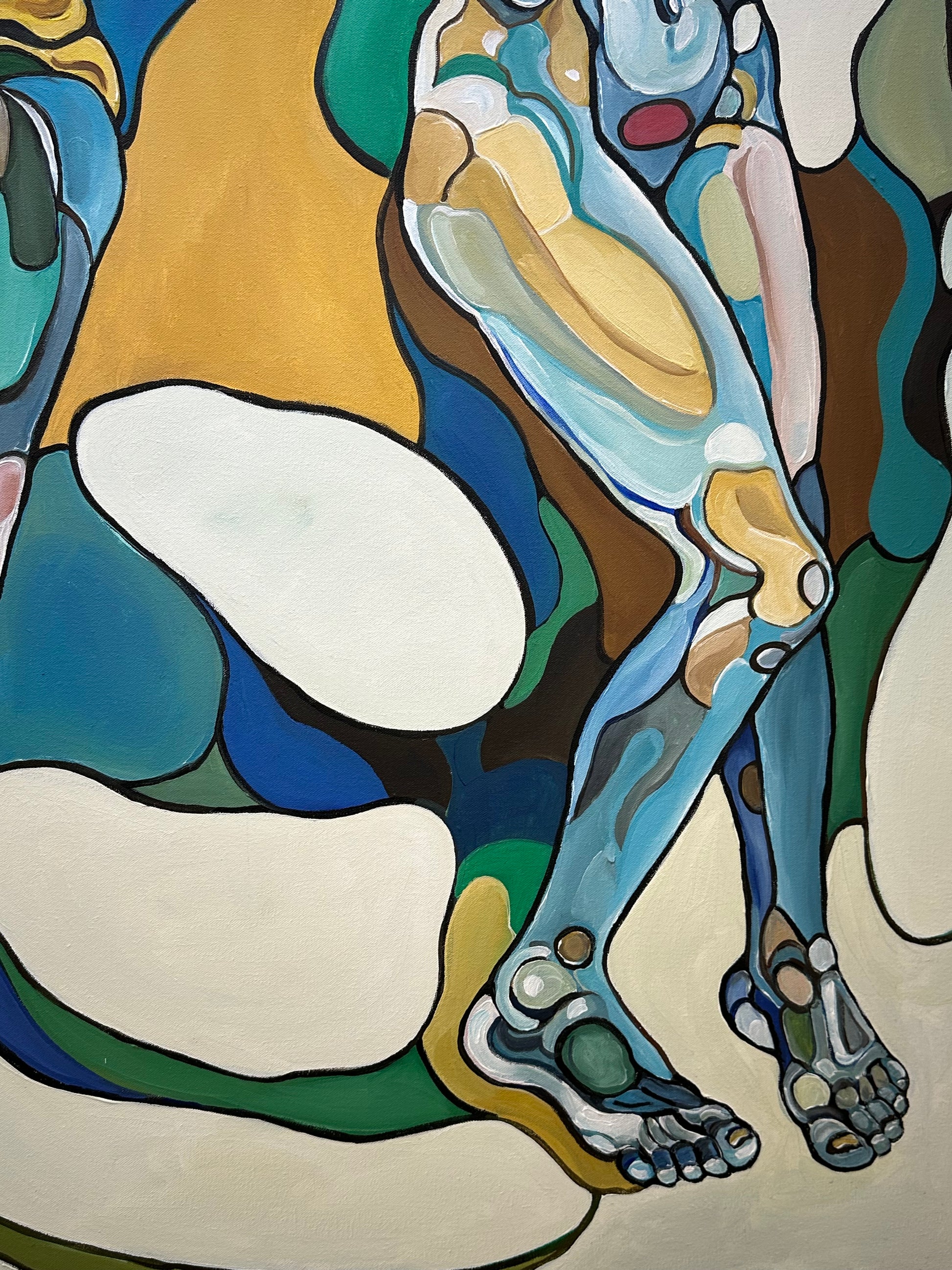 Noemi Safir large original painting This Wild Dance Never Ends, featuring two expressive female figures, flowing hair, abstract forms, and a powerful visual rhythm of connection.