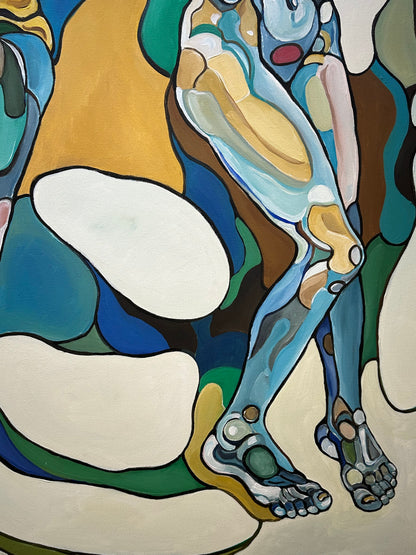 Noemi Safir large original painting This Wild Dance Never Ends, featuring two expressive female figures, flowing hair, abstract forms, and a powerful visual rhythm of connection.