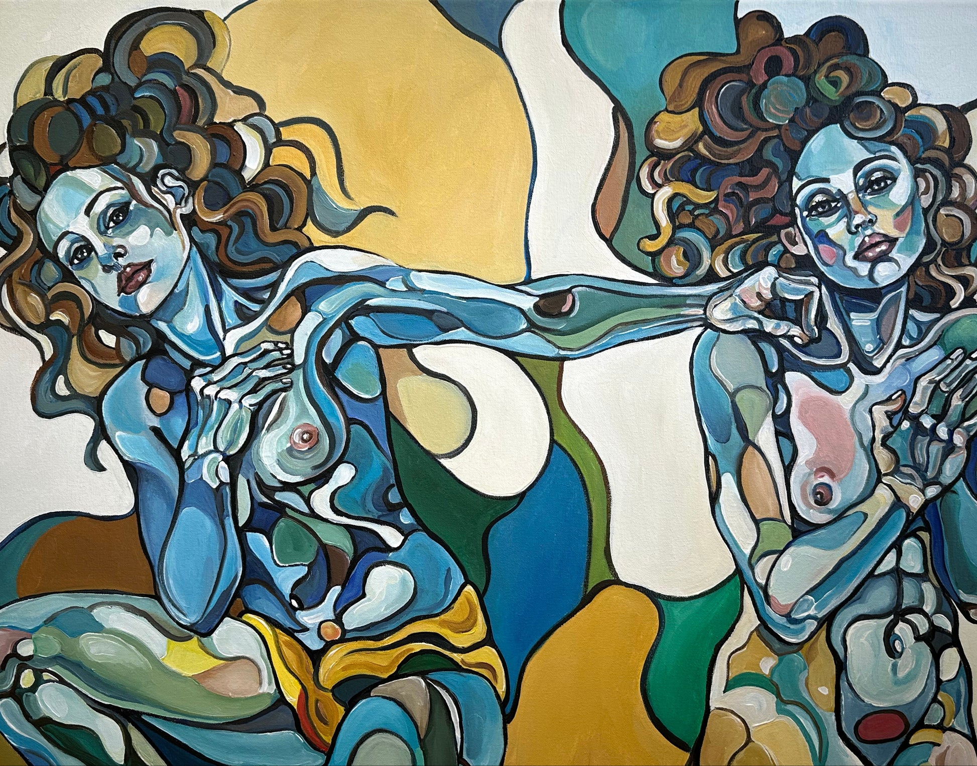 This Wild Dance Never Ends original acrylic on canvas by Noemi Safir, a symbolic figurative painting about dance, intimacy, emotional rhythm, and feminine connection.
