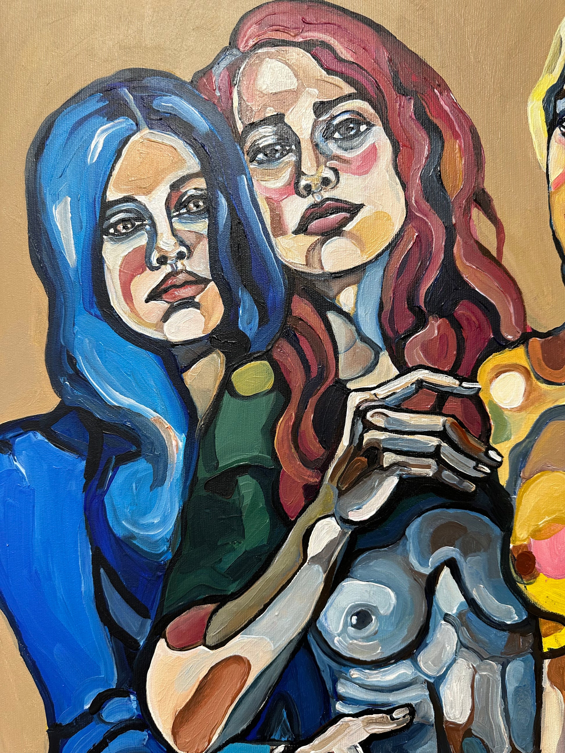 We Are Unbreakable original artwork by Noemi Safir, a highly collectible painting about female solidarity, collective resistance, emotional strength, and embodied connection.