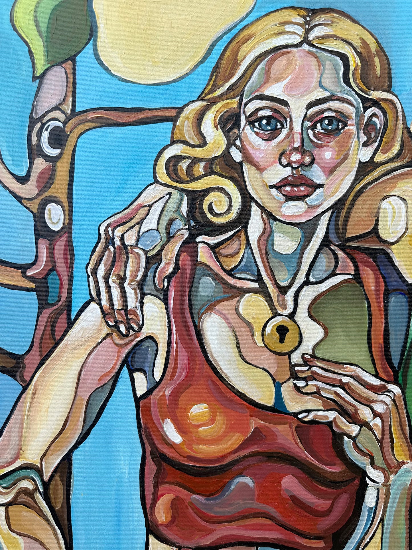 Noemi Safir contemporary figurative painting Until Dawn Breaks, showing two elongated female figures surrounded by saturated color fields and symbolic abstraction.