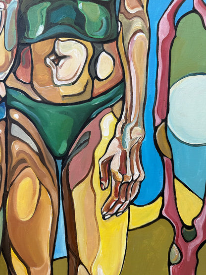 Noemi Safir women painting Until Dawn Breaks, exploring the quiet moment before relief when two women carry the weight of the same night together.