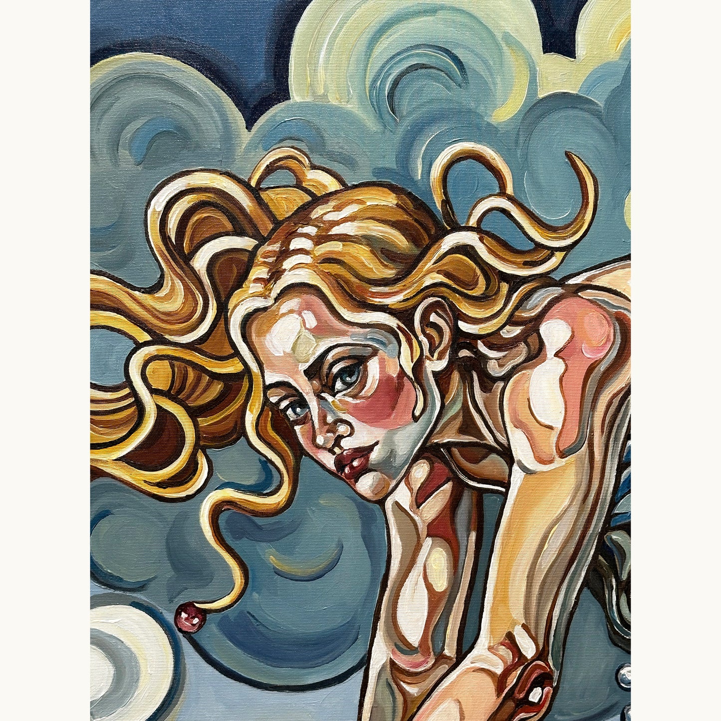Original painting titled A Fragile Balance by Noemi Safir, a surreal figurative artwork with a female figure, apple, clouds, and floating droplets
