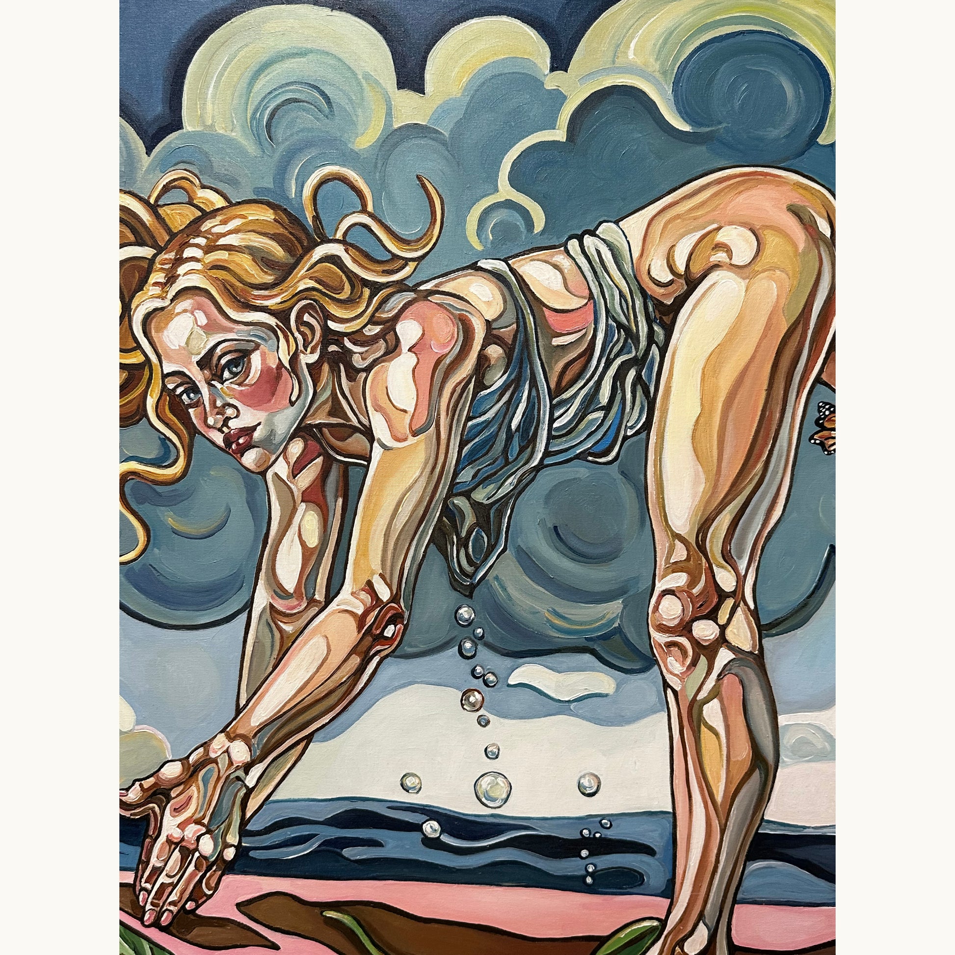 Contemporary figurative painting by Noemi Safir featuring a female figure in an unstable pose with blue clouds, leaves, bird, and flower