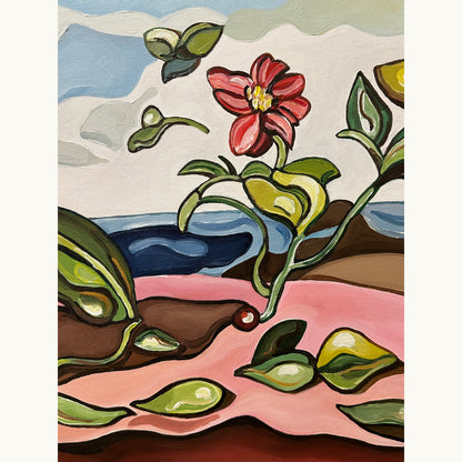 One of a kind acrylic painting by Noemi Safir featuring a balancing female figure, bird, flower, leaves, and layered blue cloud formations