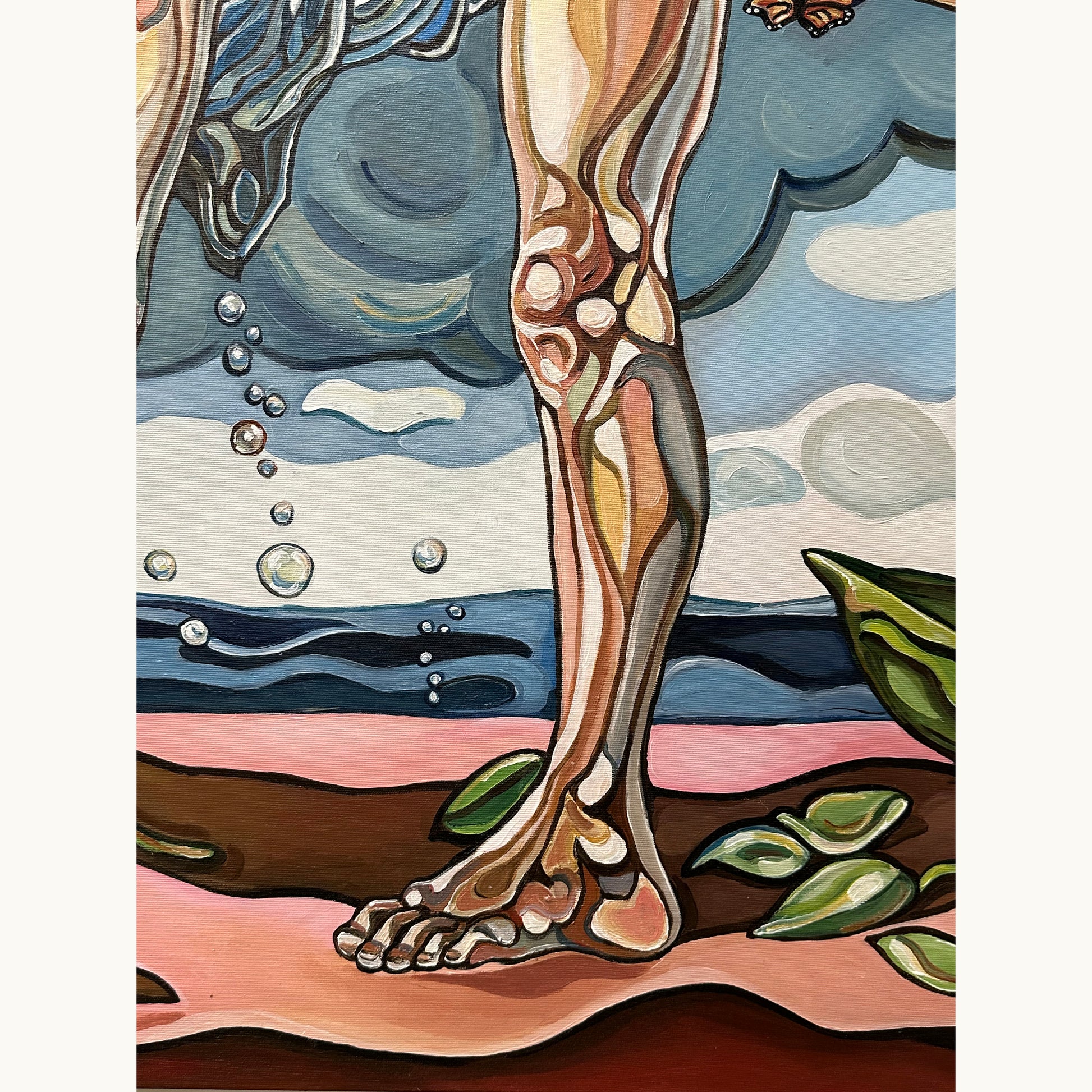 Female figurative artwork by Noemi Safir showing a precarious balancing pose, flowing hair, cloud forms, and a pink and blue palette
