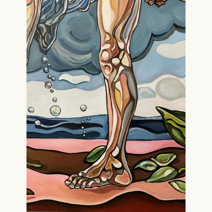 Female figurative artwork by Noemi Safir showing a precarious balancing pose, flowing hair, cloud forms, and a pink and blue palette