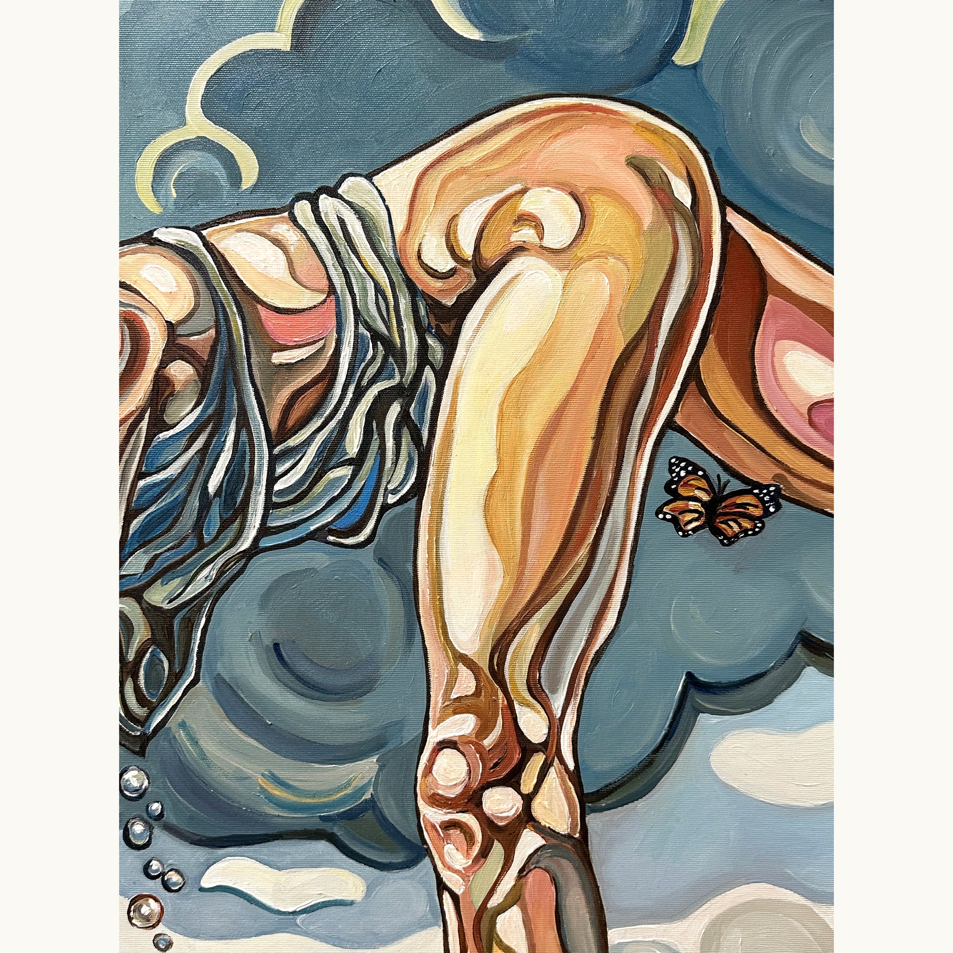 Original acrylic on canvas painting by Noemi Safir with a stretched female body, surreal sky, green apple, and expressive symbolic landscape