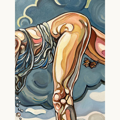 Original acrylic on canvas painting by Noemi Safir with a stretched female body, surreal sky, green apple, and expressive symbolic landscape