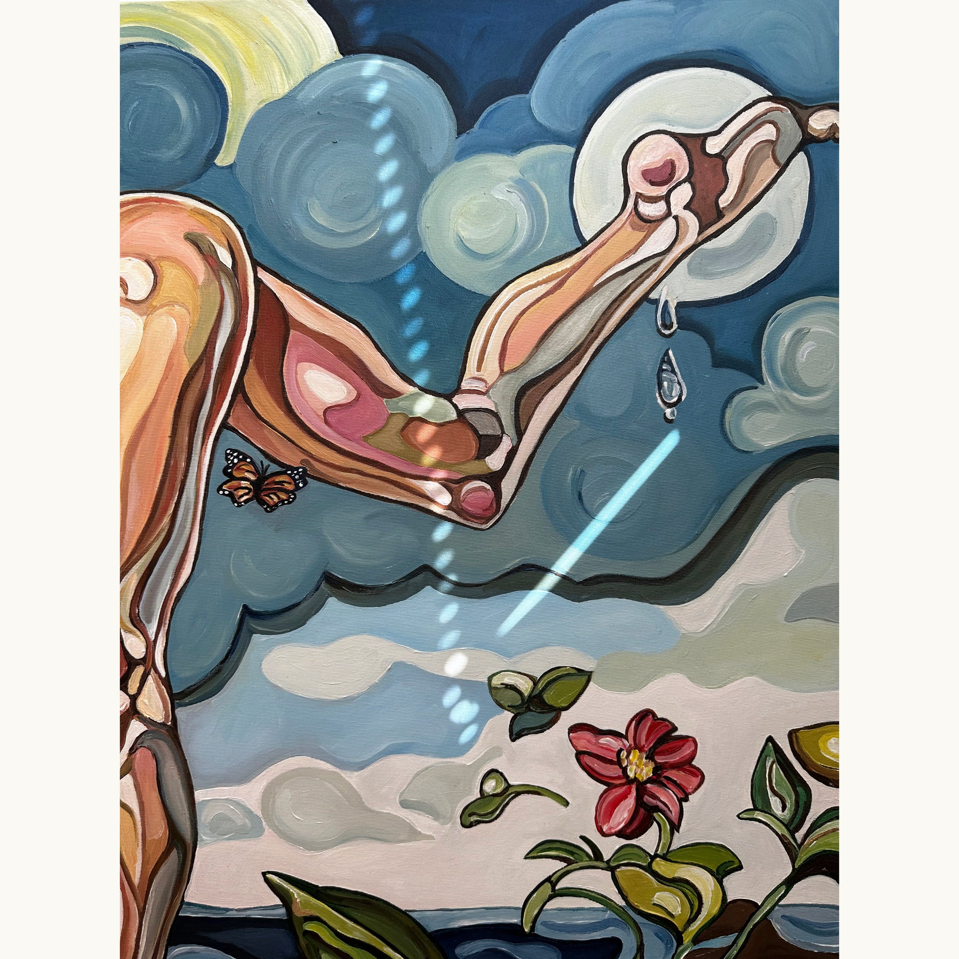 Collectible original painting by Noemi Safir with a suspended woman, dreamlike atmosphere, botanical details, and contemporary surreal composition