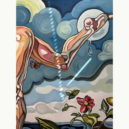 Collectible original painting by Noemi Safir with a suspended woman, dreamlike atmosphere, botanical details, and contemporary surreal composition