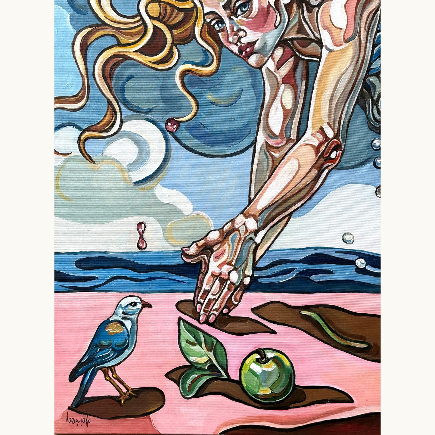 Contemporary fine art painting by Noemi Safir showing a woman in a tense horizontal pose across a symbolic landscape of sky and earth