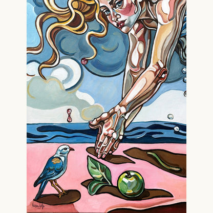 Contemporary fine art painting by Noemi Safir showing a woman in a tense horizontal pose across a symbolic landscape of sky and earth