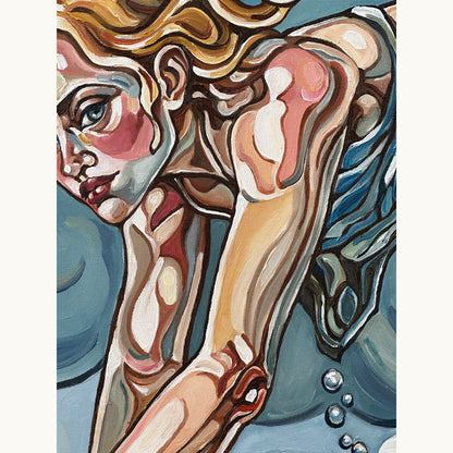 Fine art original by Noemi Safir with a balancing woman, pale sky, pink foreground, botanical forms, and expressive acrylic brushwork
