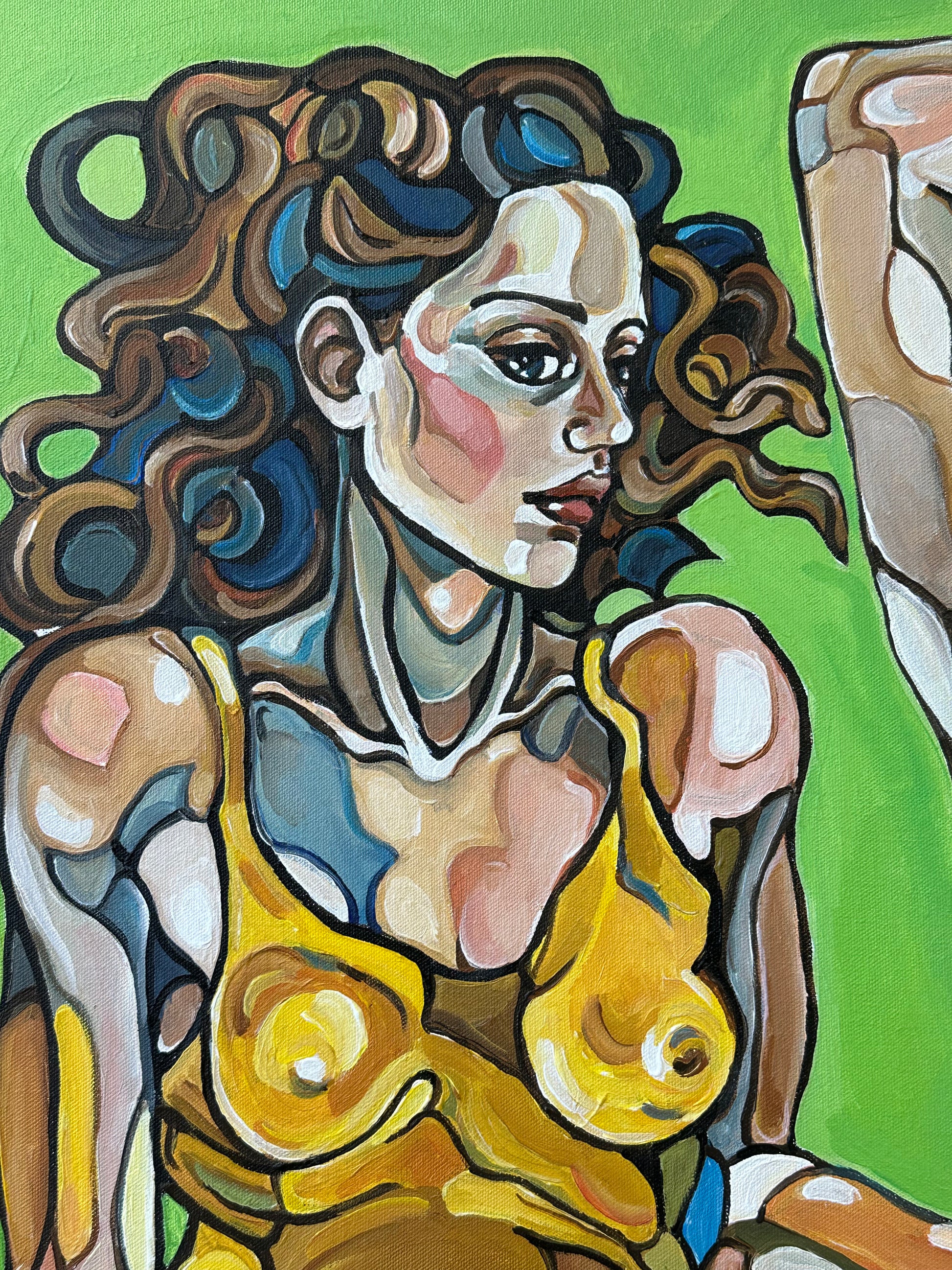 Noemi Safir contemporary figurative painting Silent Promise, showing three elongated female figures against a vivid green background with symbolic body language and collective feminine presence.
