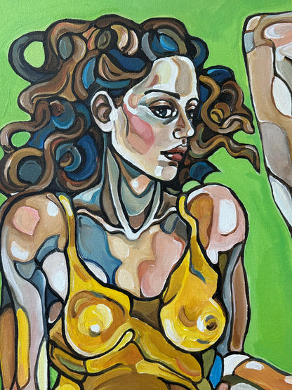 Noemi Safir contemporary figurative painting Silent Promise, showing three elongated female figures against a vivid green background with symbolic body language and collective feminine presence.