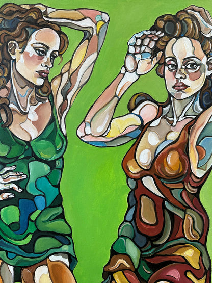 Silent Promise original artwork by Noemi Safir, a highly collectible painting about women standing together, silent agreement, mutual protection, and emotional strength.