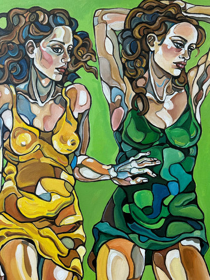 Highly collectible original painting Silent Promise by Noemi Safir, exploring women, female solidarity, emotional figurative art, and contemporary figurative painting with personal resonance.
