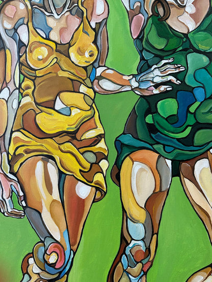 Silent Promise original acrylic on canvas by Noemi Safir, a symbolic figurative painting about feminine presence, collective strength, restraint, and unspoken emotional connection.