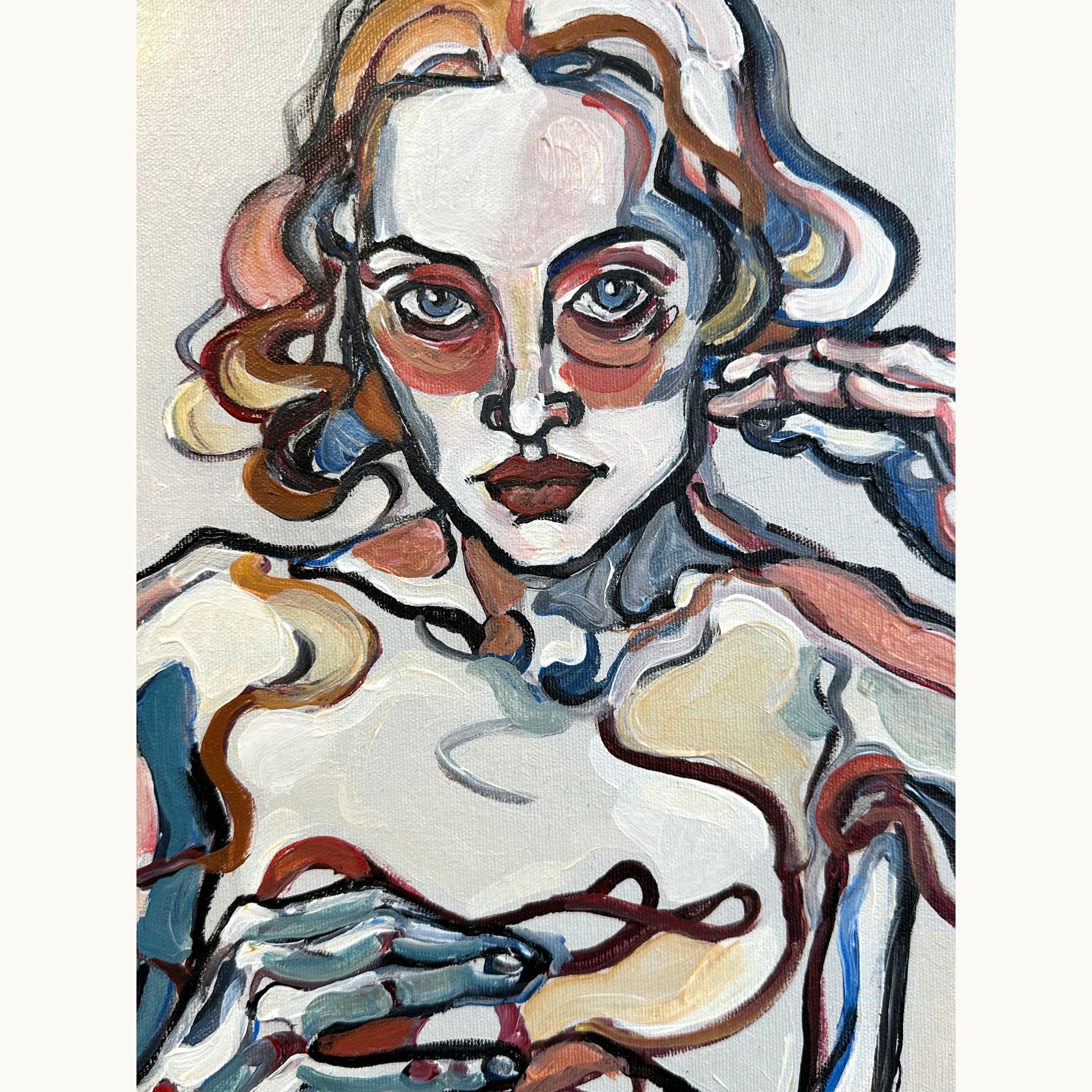 Original acrylic on canvas painting by Noemi Safir with a female portrait figure, pale background, and expressive contour drawing