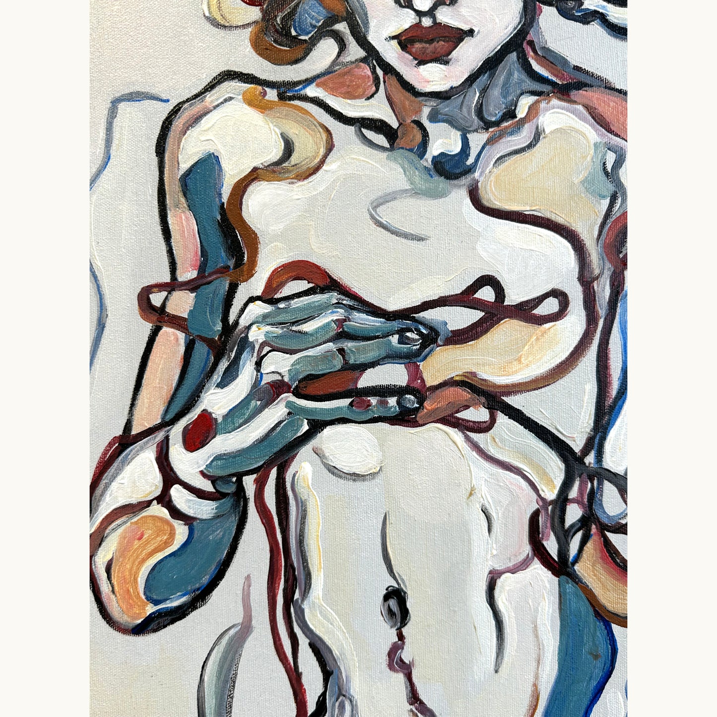 Female figurative painting by Noemi Safir showing a seated nude inspired figure with psychological tension and painterly line movement