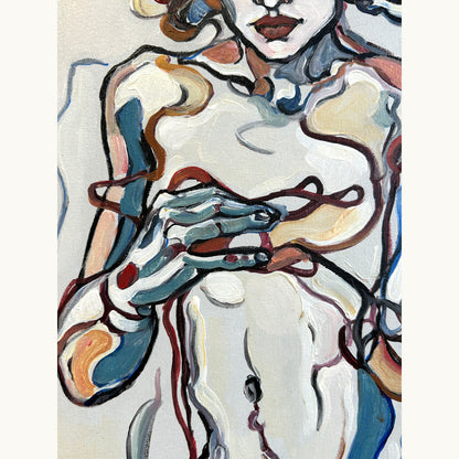 Female figurative painting by Noemi Safir showing a seated nude inspired figure with psychological tension and painterly line movement