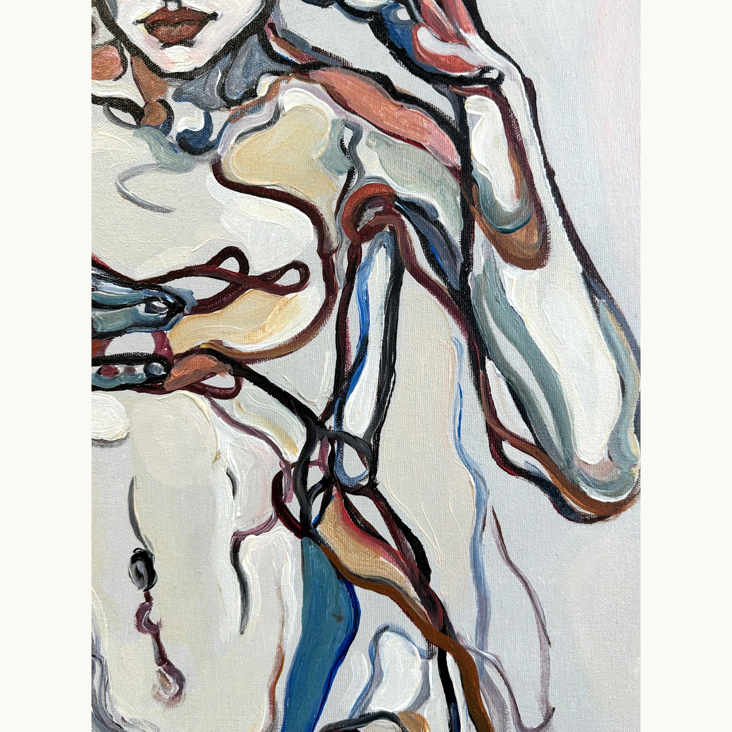 Collectible original artwork by Noemi Safir with a frontal female figure, tangled linear elements, and contemporary emotional portraiture