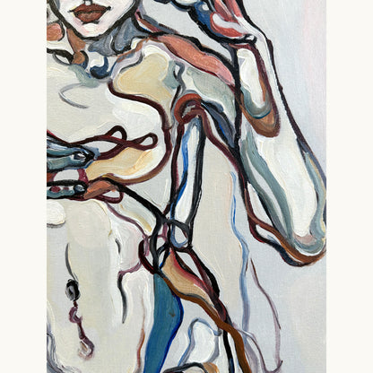Collectible original artwork by Noemi Safir with a frontal female figure, tangled linear elements, and contemporary emotional portraiture