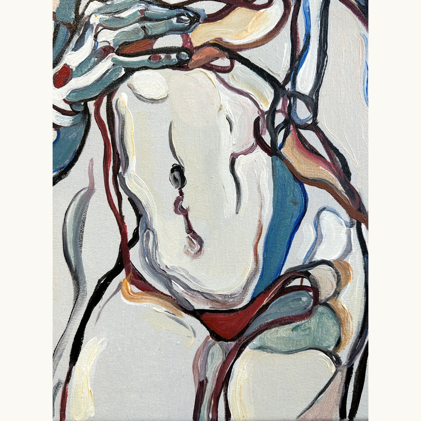 One of a kind acrylic painting by Noemi Safir featuring a seated woman, cream and blue tones, and layered expressive brush lines