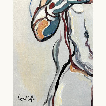 One of a kind original artwork by Noemi Safir showing a frontal female figure with layered red, blue, black, and ochre linework