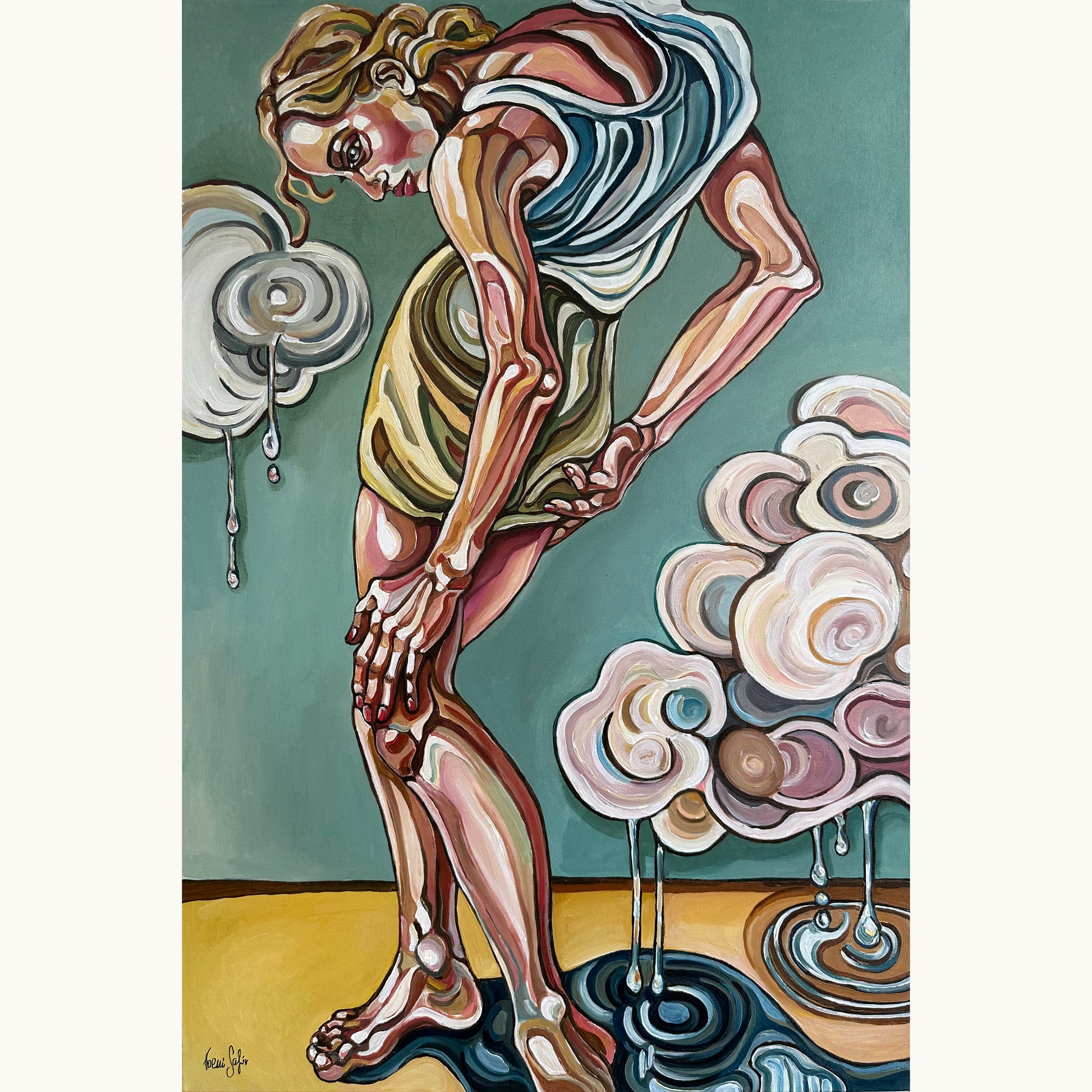 Original painting Please Just Let Me Be by Noemi Safir, acrylic on canvas with a bent female figure in a tense symbolic pose