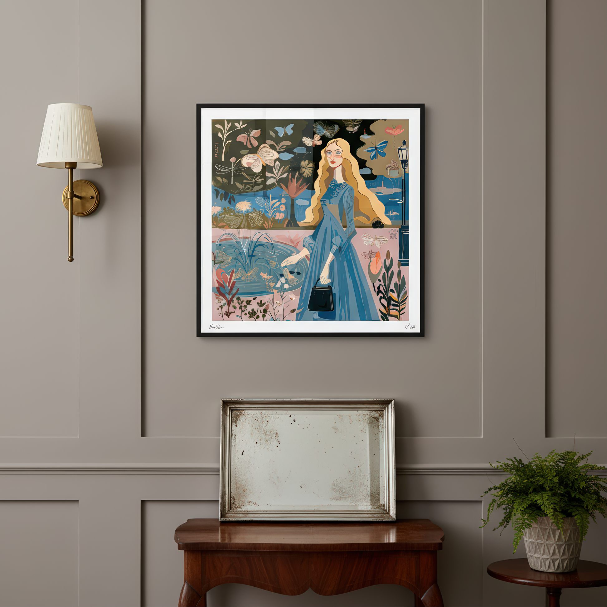 Dreamlike wall art by NOE MI, featuring a woman beside a symbolic pond, capturing introspection, quiet power, and feminine energy.