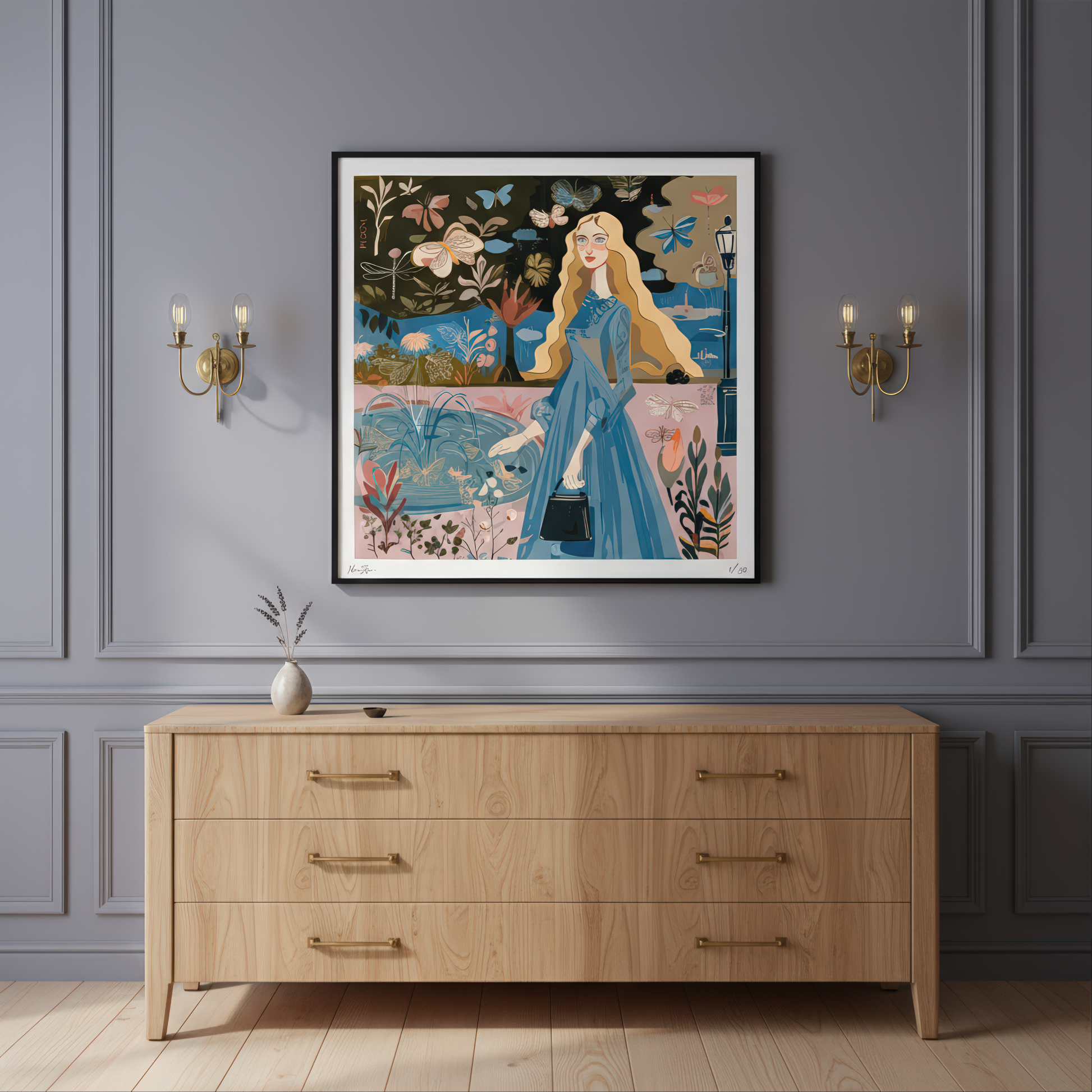 “Pond of Secrets” limited edition fine art print by NOE MI, featuring a surreal feminine figure by tranquil waters, perfect for luxury wall decor.