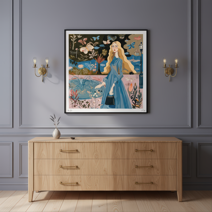 “Pond of Secrets” limited edition fine art print by NOE MI, featuring a surreal feminine figure by tranquil waters, perfect for luxury wall decor.