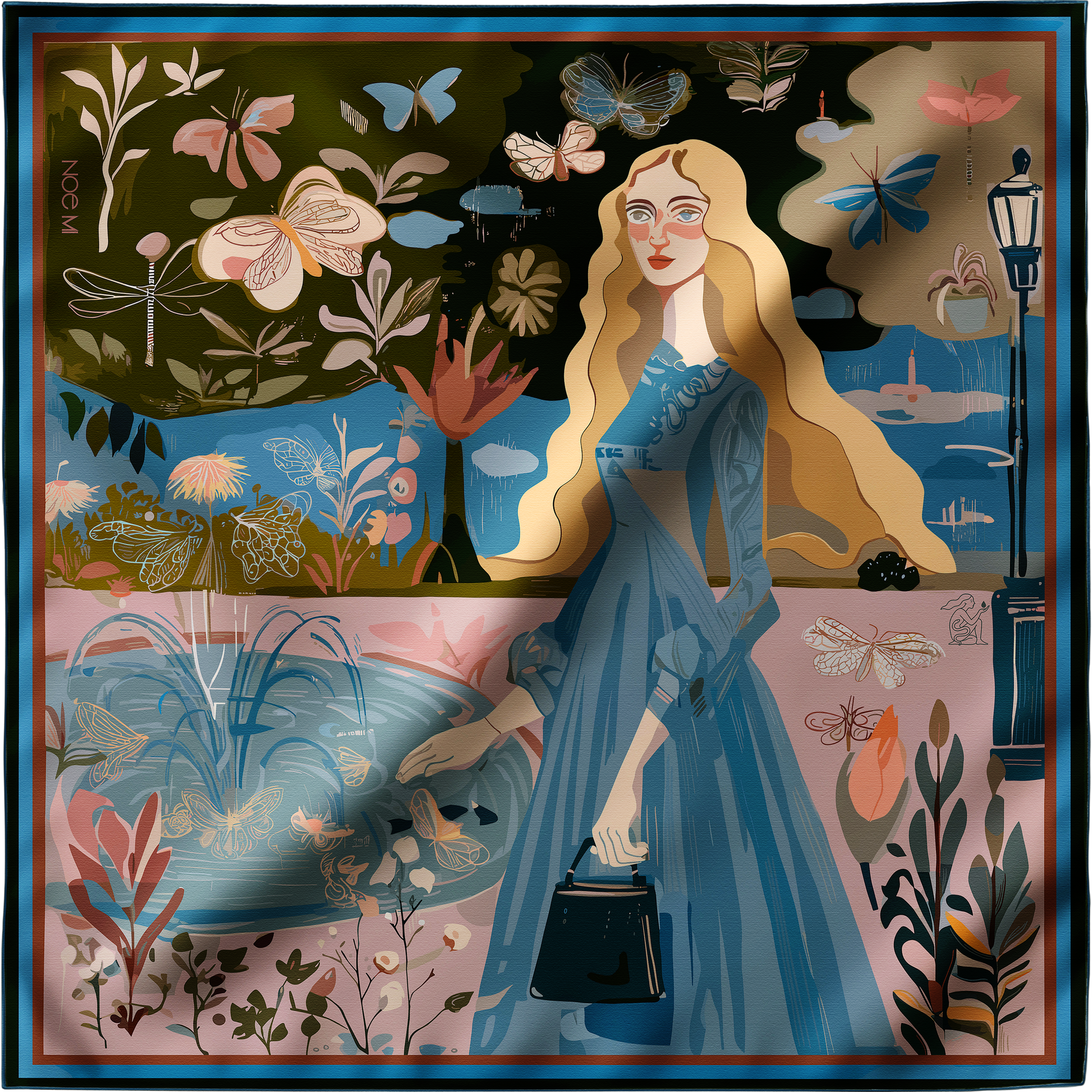 Artistic high fashion accessory from NOE MI’s storytelling silk scarf collection, this scarf blends nature, symbolism, and elegant linework in muted blue, cream, and blush tones for an emotionally rich design.