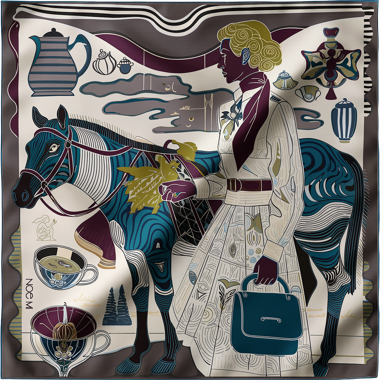 NOE MI Porcelain Tension Noir silk scarf is a luxury square silk scarf featuring deep brown, charcoal, ivory, and blue tones designed as a statement fashion accessory for elegant wardrobes.