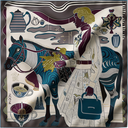 NOE MI Porcelain Tension Noir silk scarf is a luxury square silk scarf featuring deep brown, charcoal, ivory, and blue tones designed as a statement fashion accessory for elegant wardrobes.