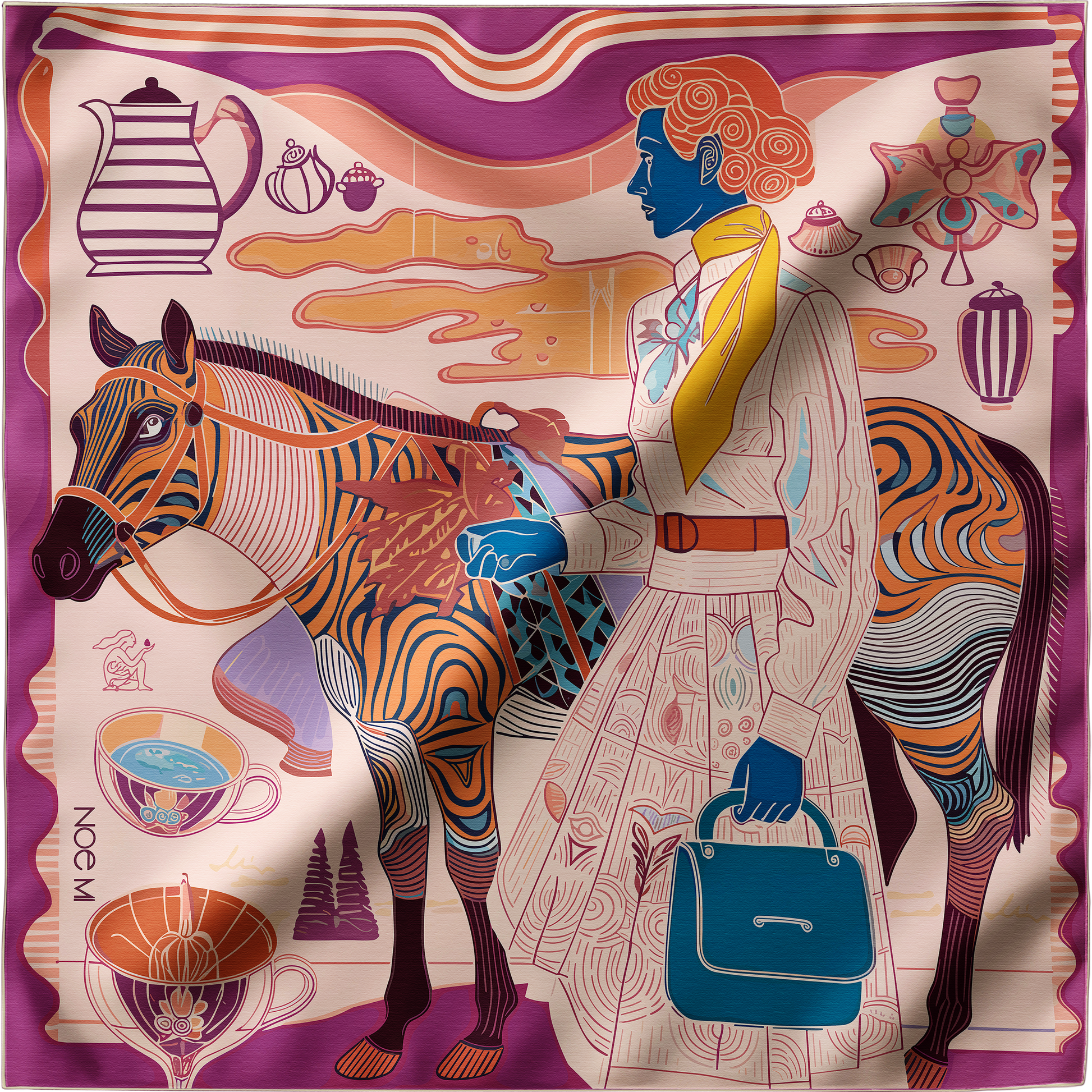 NOE MI designer silk twill scarf Porcelain Tension Tropic with tropical color palette including peach, yellow, and deep pink for vibrant wardrobes.