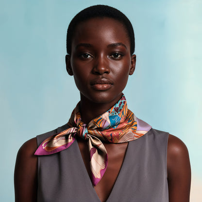 NOE MI square silk scarf in warm coral and ivory tones showcasing a fashion forward female figure with horse and porcelain inspired details.