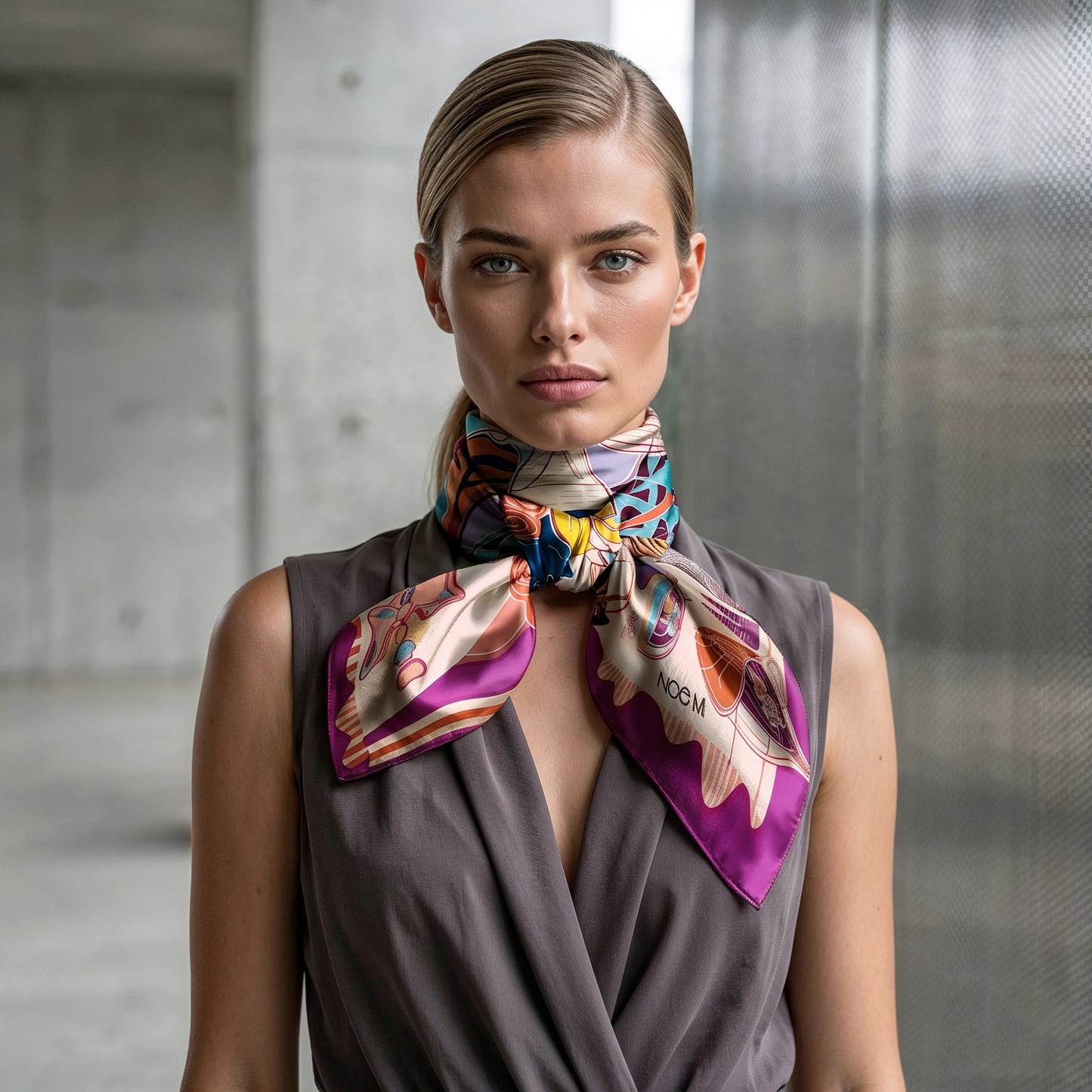 NOE MI Porcelain Tension Tropic luxury silk scarf featuring a composed woman and stylized horse in coral, magenta, and turquoise tones for bold fashion styling.