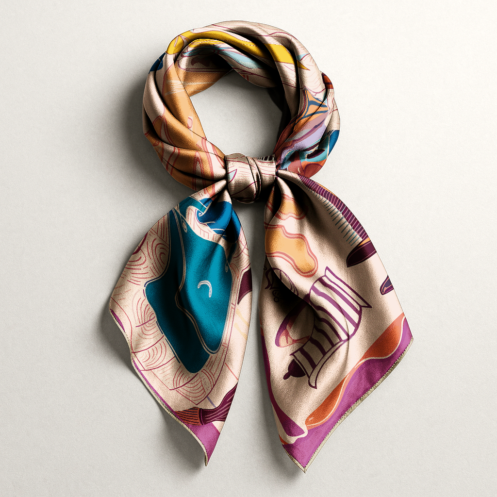 NOE MI premium silk scarf combining porcelain aesthetics with warm tropical tones and structured graphic composition for elevated fashion.