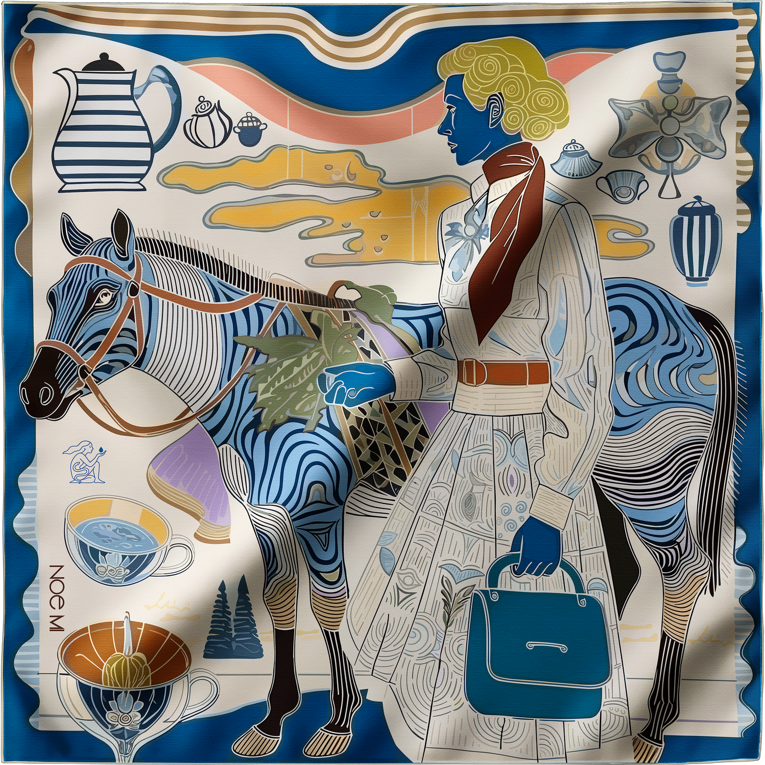 NOE MI Porcelain Tension luxury silk scarf featuring a composed woman and stylized horse in deep blue, ivory, and sand tones for refined fashion styling.