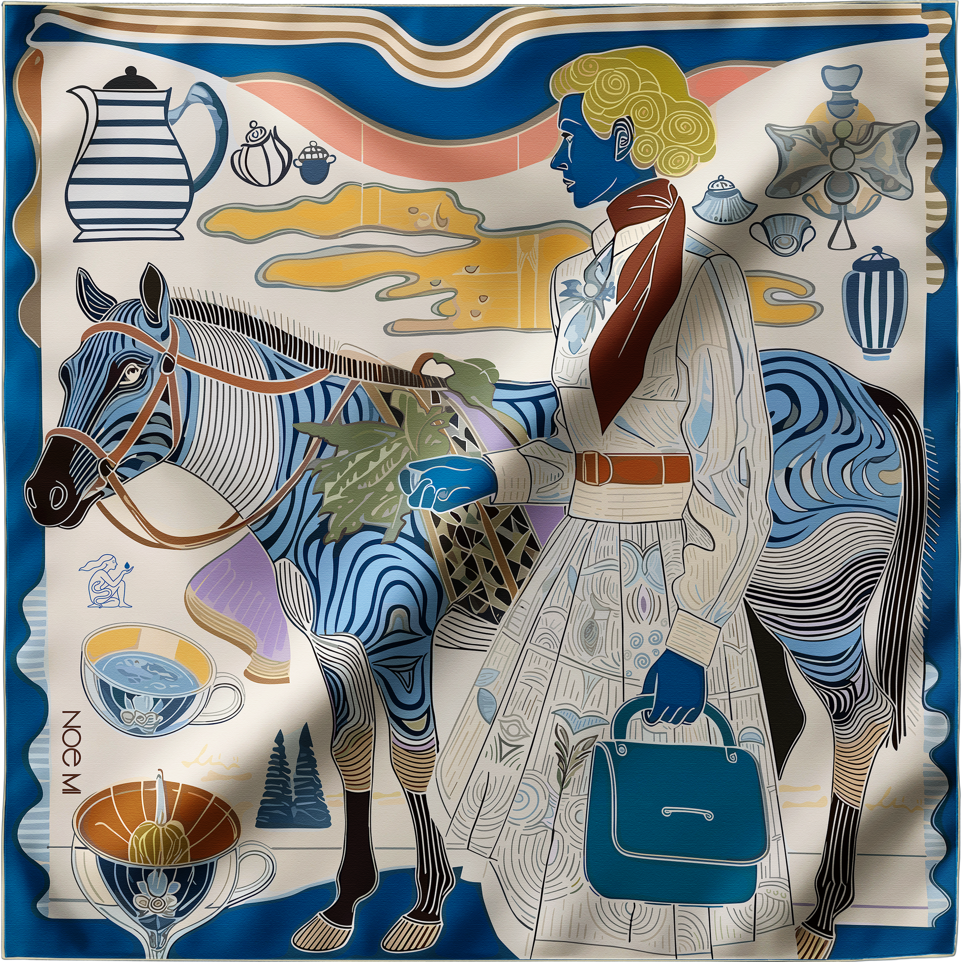 NOE MI Porcelain Tension luxury silk scarf featuring a composed woman and stylized horse in deep blue, ivory, and sand tones for refined fashion styling.